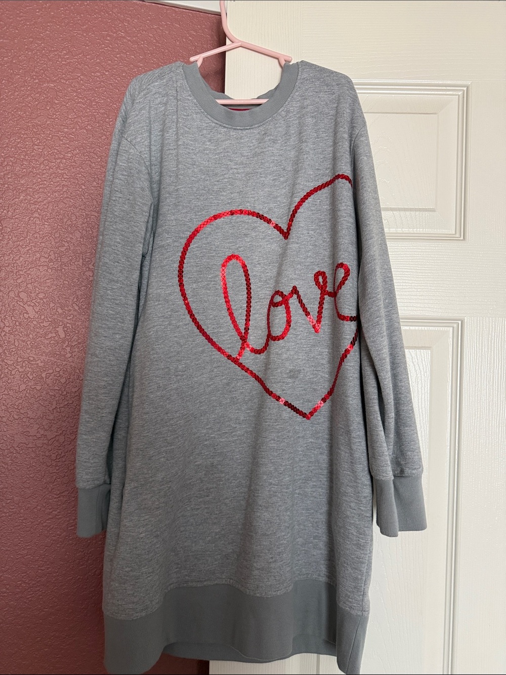 Gray Sweatshirt Dress with Red Sequin Heart "Love"